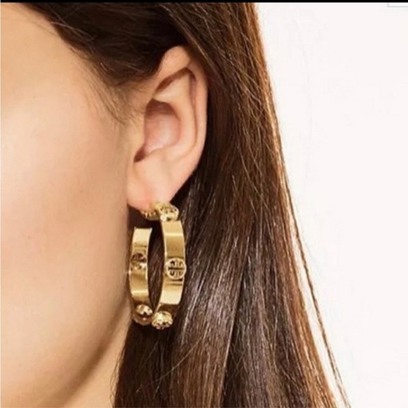 Tory Burch Miller Goldtone Logo Hoop Earrings - Picture 8 of 8